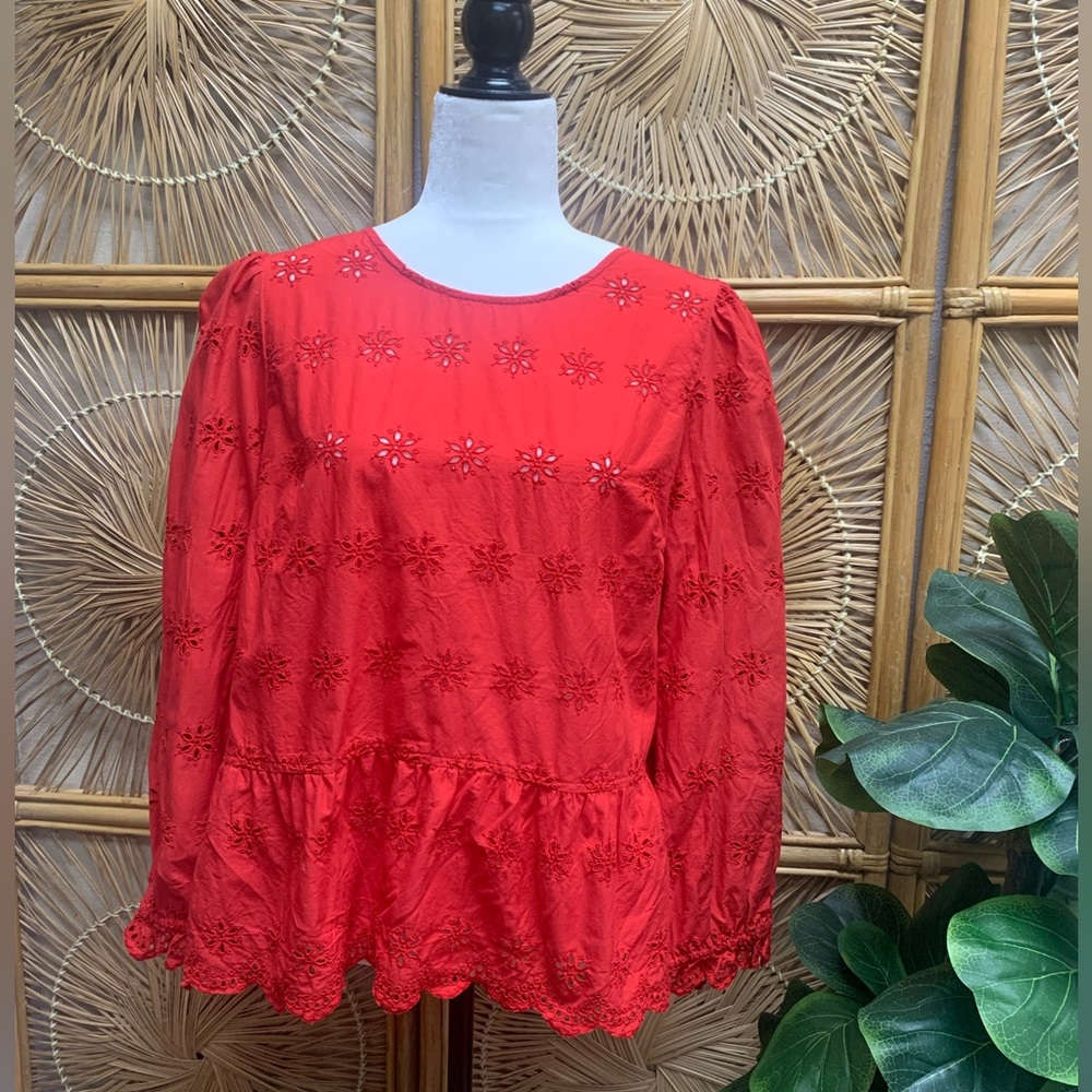 Madewell Red Eyelet Keyhole Peplum Top